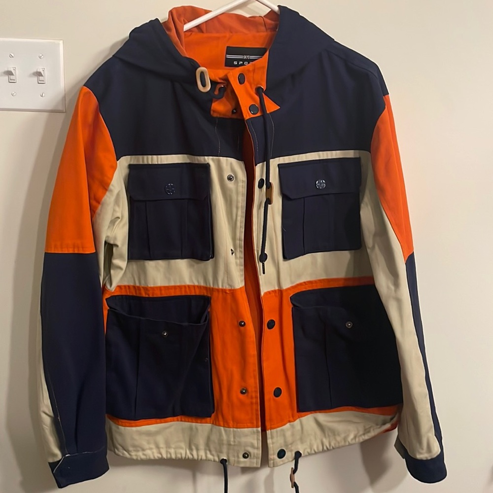 Orange blue and beige jacket with hood